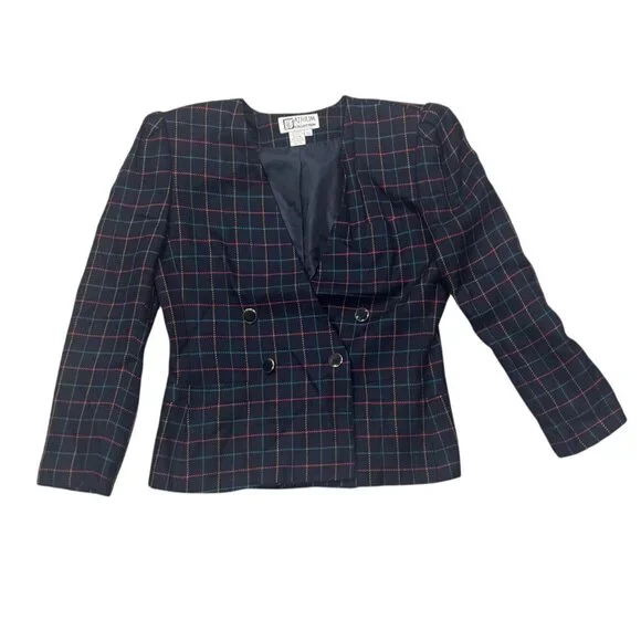Atrium Collection Womens Plaid Blazer 7/8 Double-Breasted Rayon & Polyester Navy - Picture 2 of 7